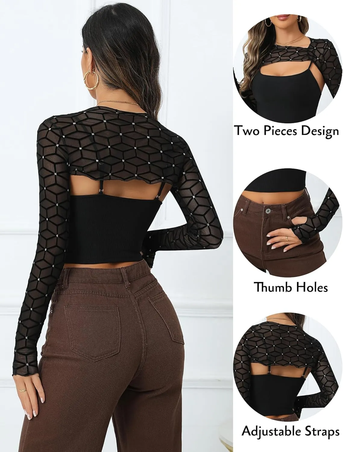 Avidlove Women Sexy Long Sleeve Mesh Crop Top Solid Cover Up with Spaghetti Strap Cami Top 2 Pieces Clubwear with Thumb Holes