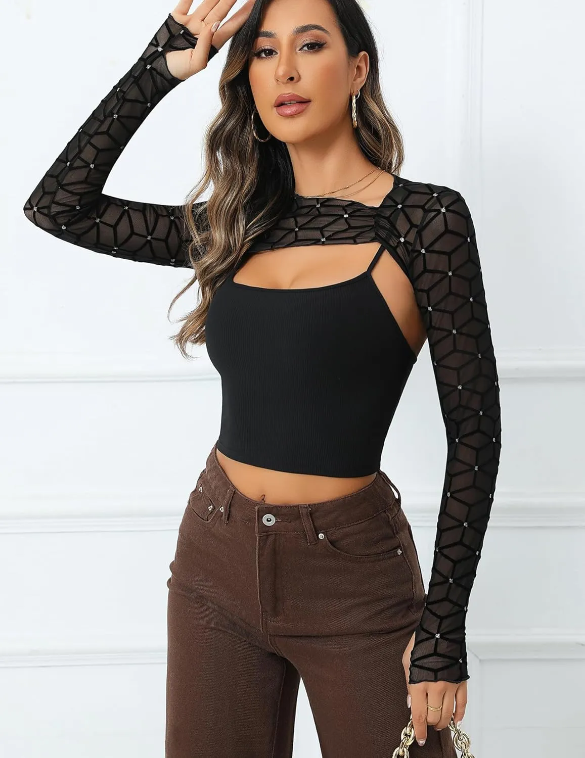 Avidlove Women Sexy Long Sleeve Mesh Crop Top Solid Cover Up with Spaghetti Strap Cami Top 2 Pieces Clubwear with Thumb Holes