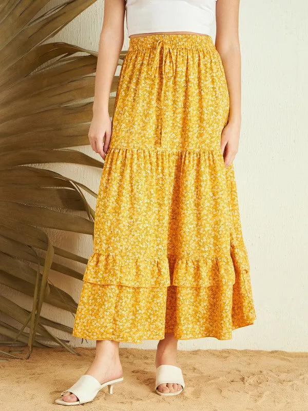 Berrylush Women Yellow & White Floral Printed High-Rise Elastic Waist Tie-Up Pleated A-Line Maxi Skirt