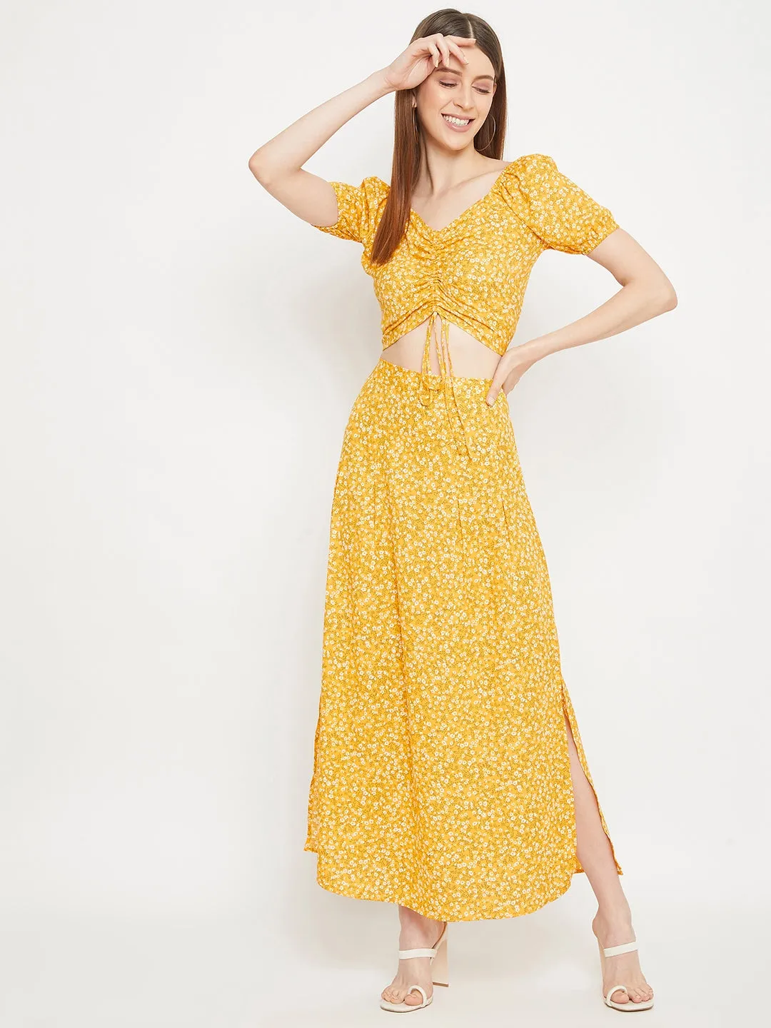 Berrylush Women Yellow Floral Printed V-Neck Co-Ordinate Maxi Dress