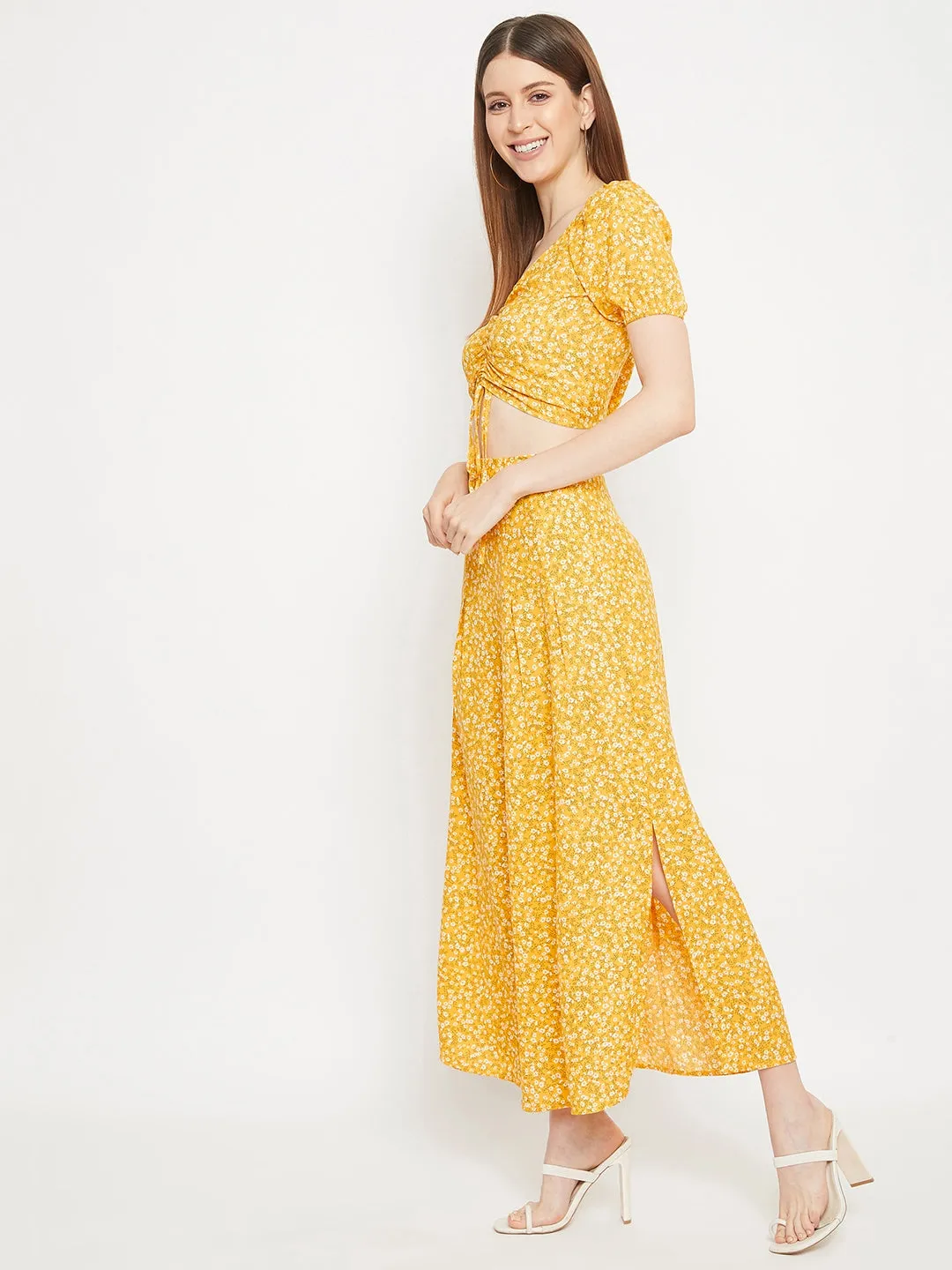 Berrylush Women Yellow Floral Printed V-Neck Co-Ordinate Maxi Dress