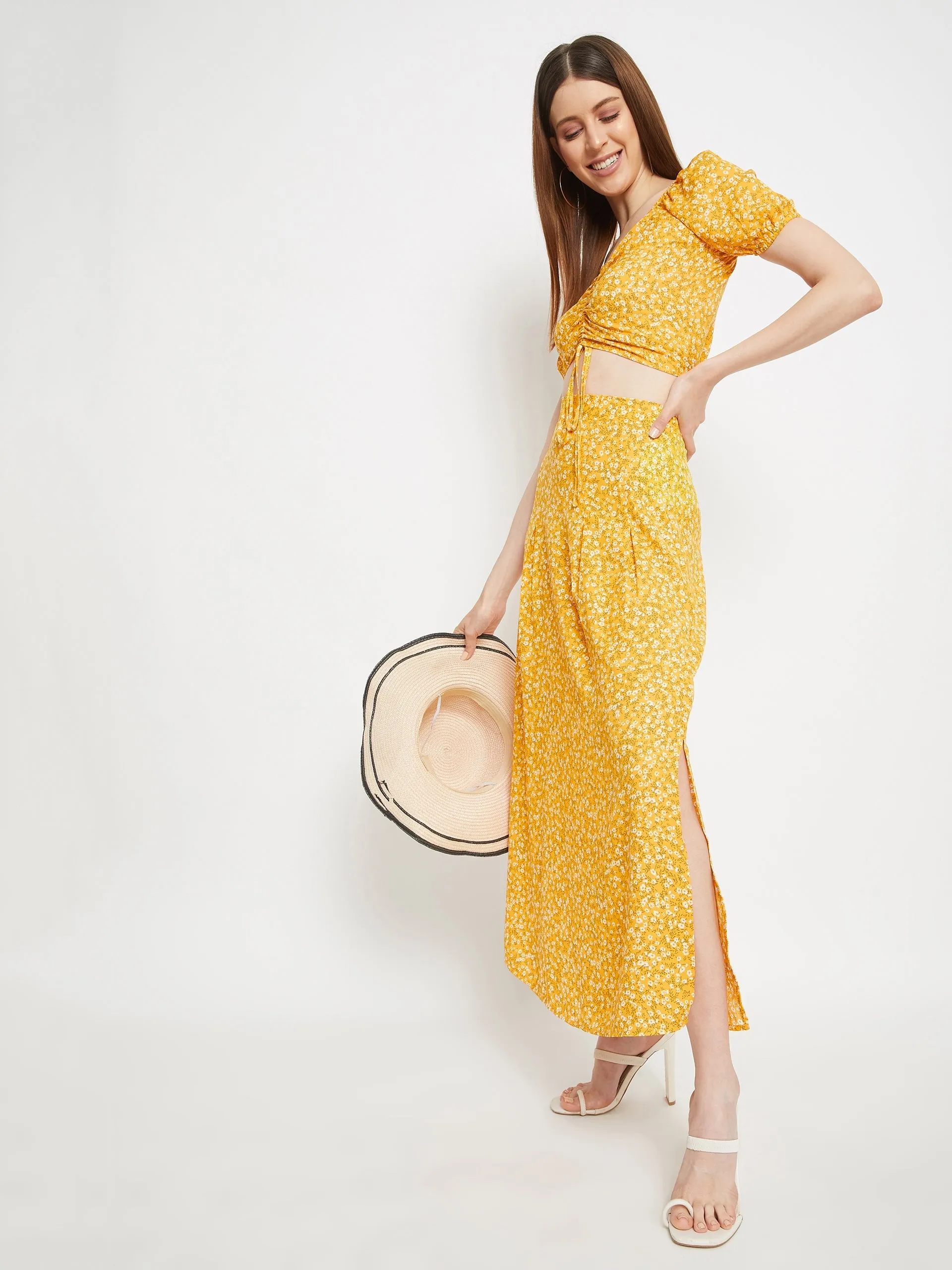 Berrylush Women Yellow Floral Printed V-Neck Co-Ordinate Maxi Dress