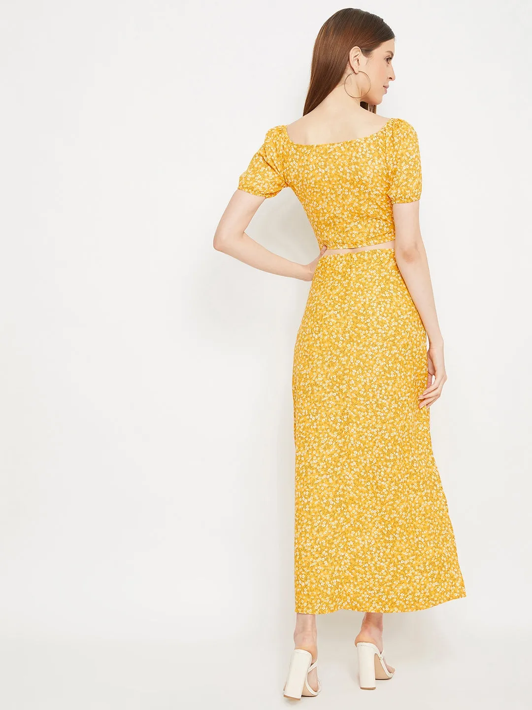 Berrylush Women Yellow Floral Printed V-Neck Co-Ordinate Maxi Dress