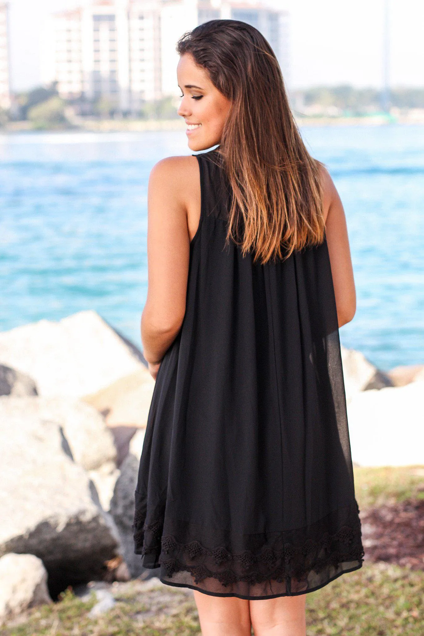 Black Chiffon Crochet Short Dress