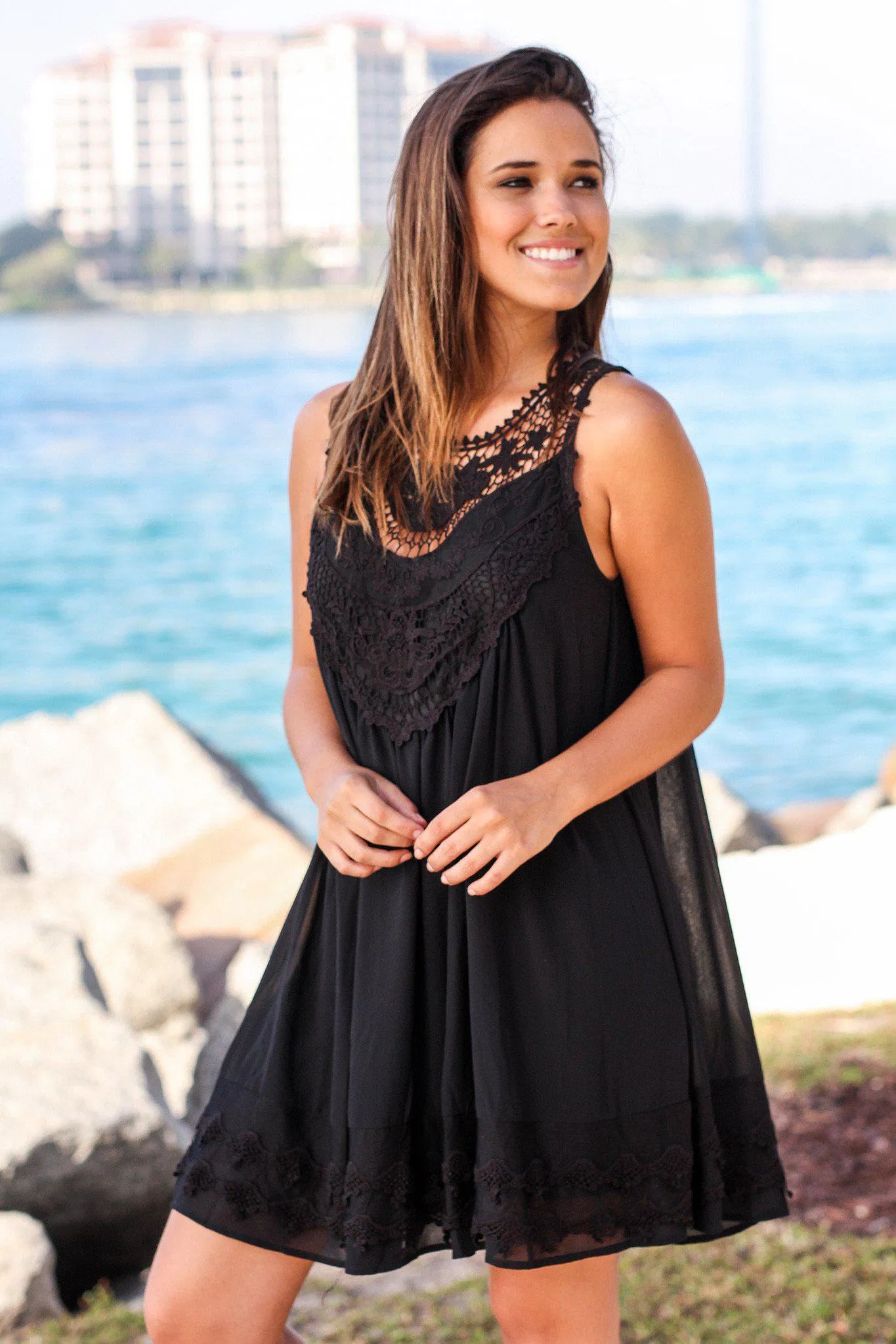 Black Chiffon Crochet Short Dress