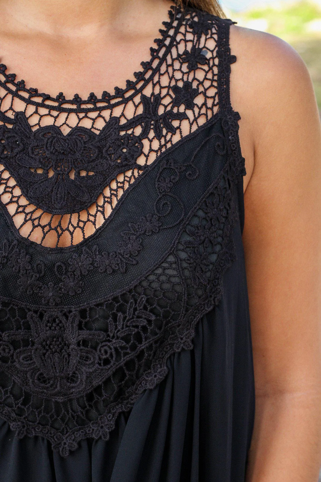 Black Chiffon Crochet Short Dress