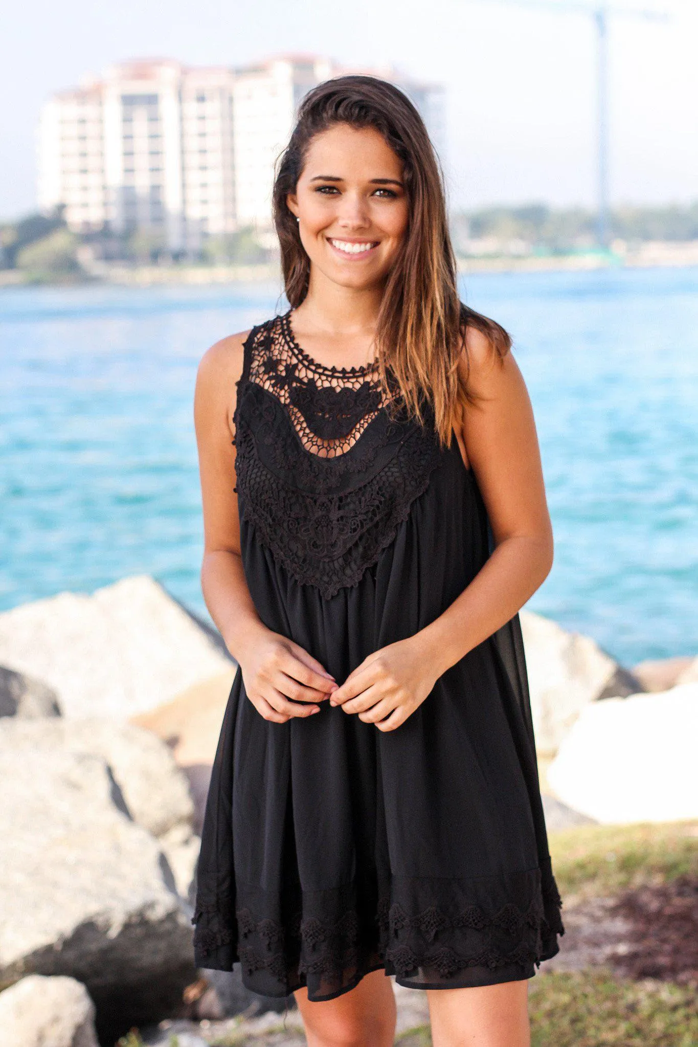 Black Chiffon Crochet Short Dress