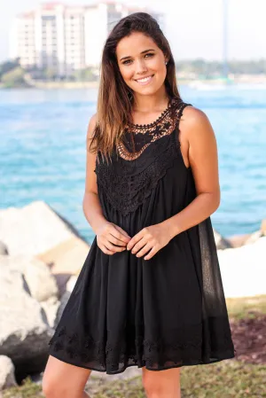 Black Chiffon Crochet Short Dress