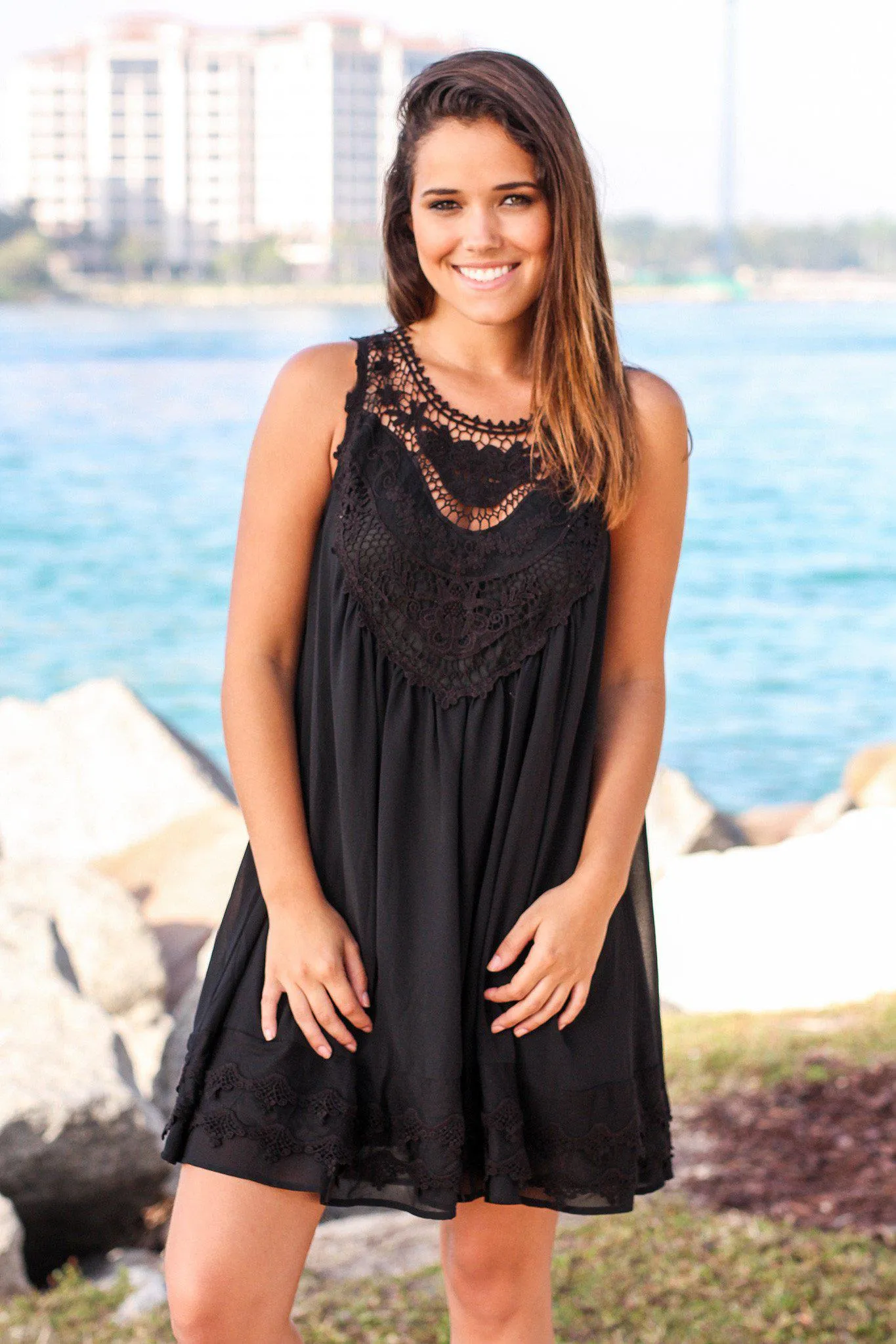 Black Chiffon Crochet Short Dress
