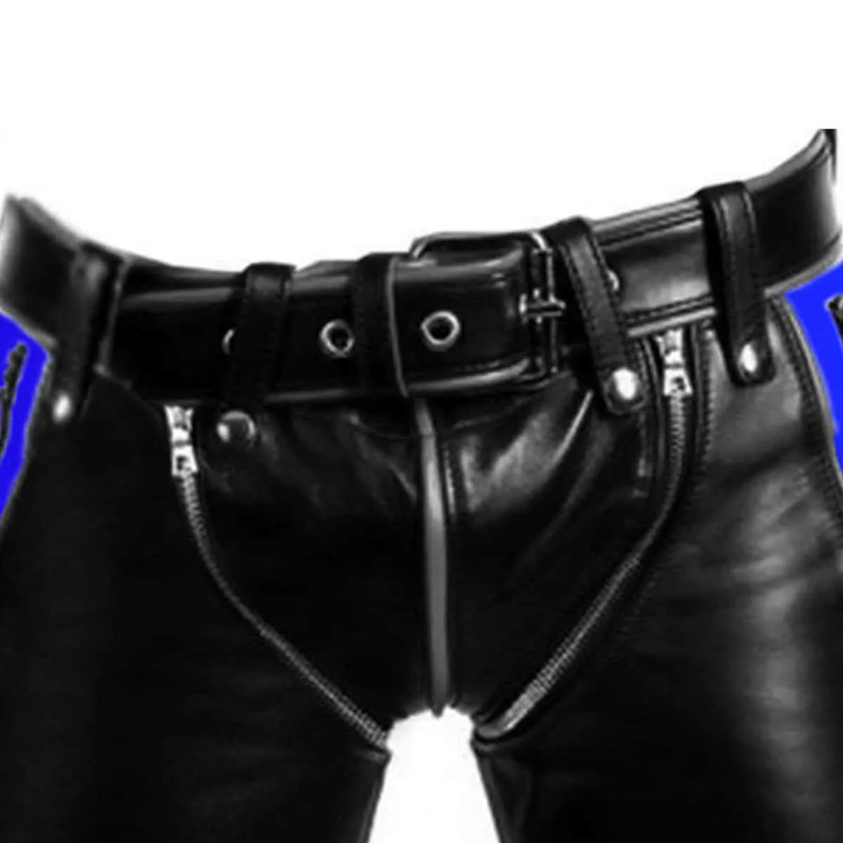 Black with Blue Stripes Leather Heavy Duty Bondage Pants Jeans - R2-BLU-BLK