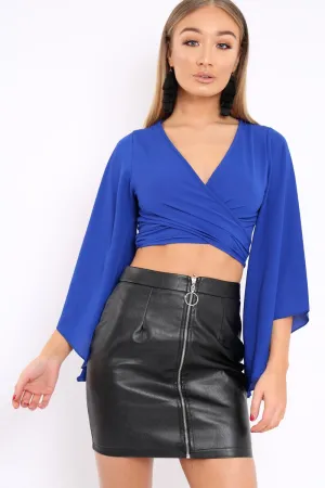 Blue Wrap Tie Crop Blouse - Kay