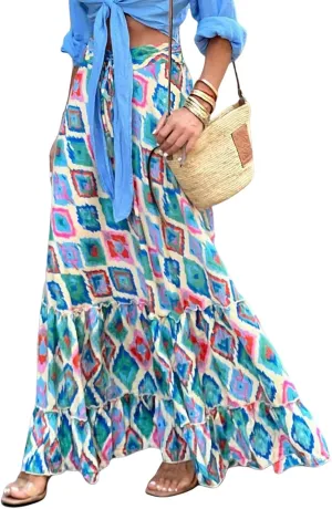 Boho Skirts for Women Fashion Floral Elastic High Waist Tiered Ruffle Hem Maxi Skirt Summer Flowy A Line Beach Skirt