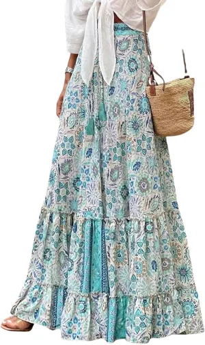 Boho Skirts for Women Fashion Floral Elastic High Waist Tiered Ruffle Hem Maxi Skirt Summer Flowy A Line Beach Skirt