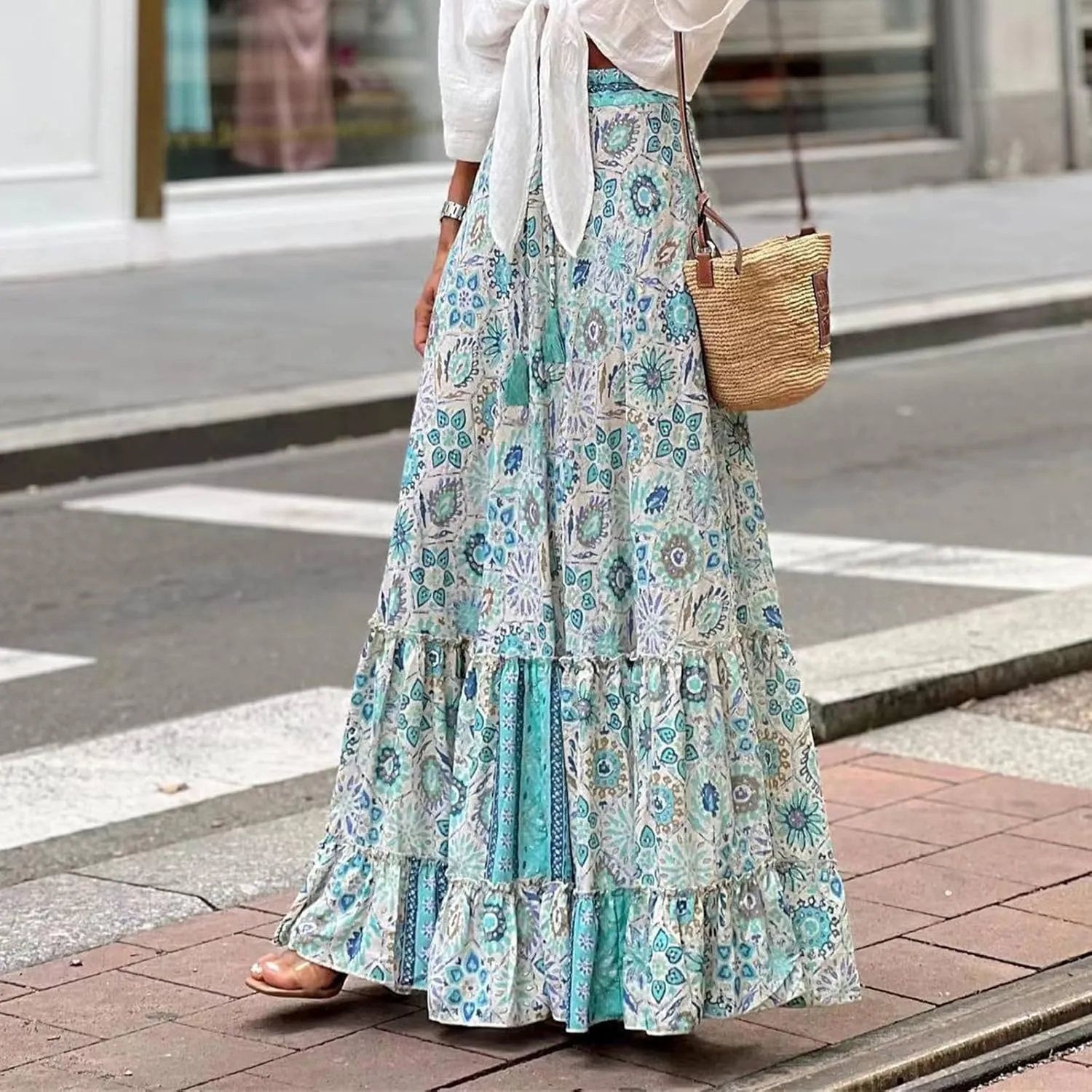 Boho Skirts for Women Fashion Floral Elastic High Waist Tiered Ruffle Hem Maxi Skirt Summer Flowy A Line Beach Skirt