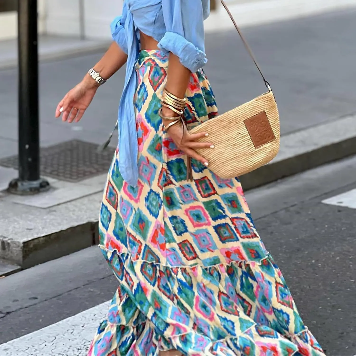 Boho Skirts for Women Fashion Floral Elastic High Waist Tiered Ruffle Hem Maxi Skirt Summer Flowy A Line Beach Skirt
