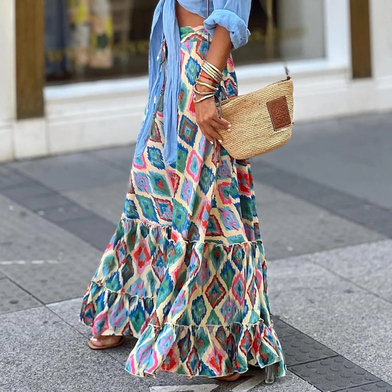 Boho Skirts for Women Fashion Floral Elastic High Waist Tiered Ruffle Hem Maxi Skirt Summer Flowy A Line Beach Skirt