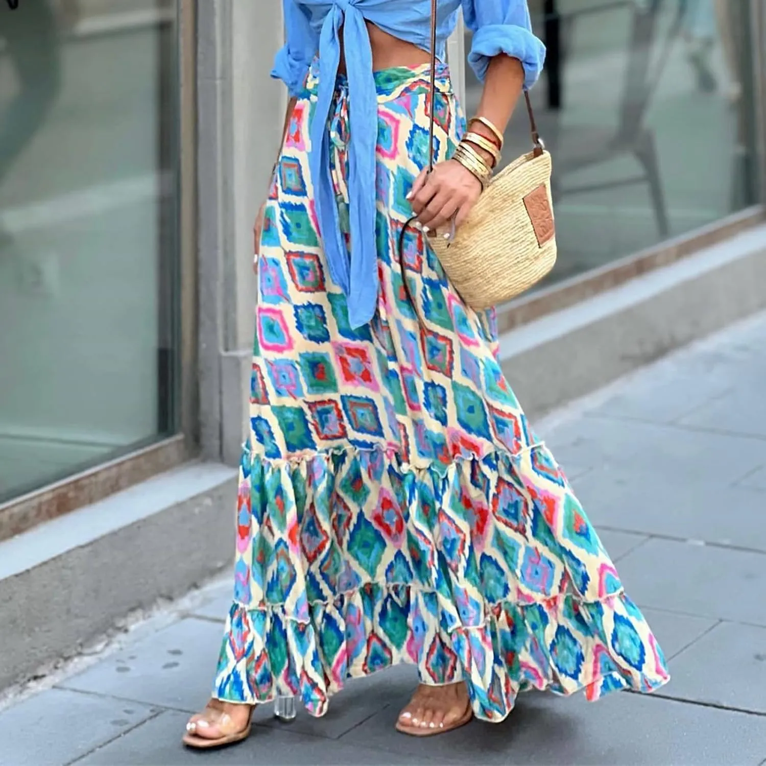 Boho Skirts for Women Fashion Floral Elastic High Waist Tiered Ruffle Hem Maxi Skirt Summer Flowy A Line Beach Skirt