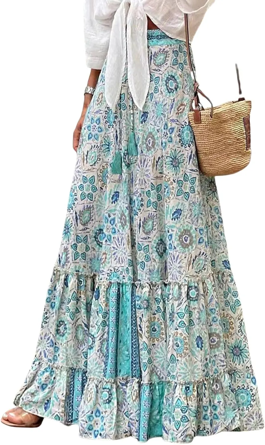 Boho Skirts for Women Fashion Floral Elastic High Waist Tiered Ruffle Hem Maxi Skirt Summer Flowy A Line Beach Skirt