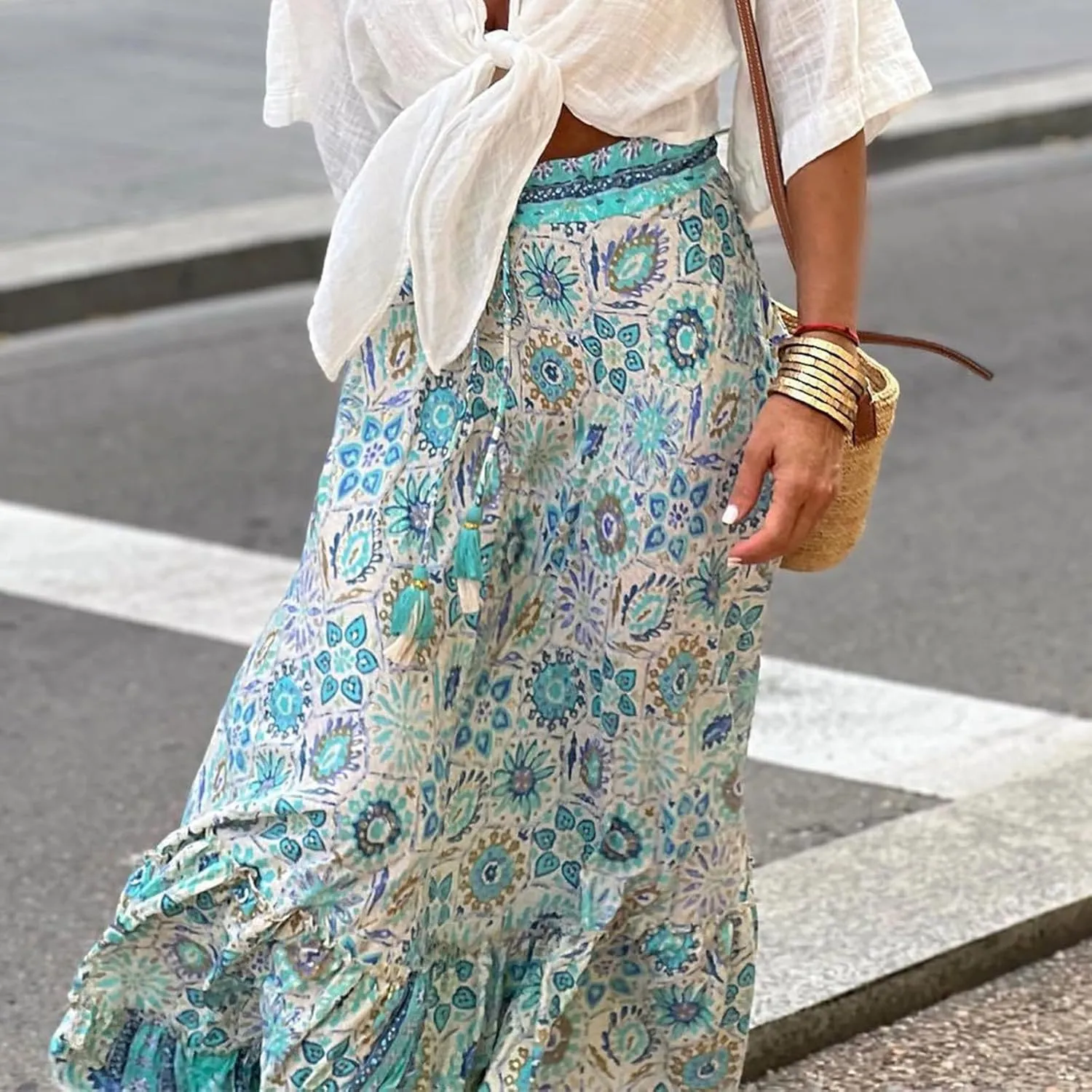 Boho Skirts for Women Fashion Floral Elastic High Waist Tiered Ruffle Hem Maxi Skirt Summer Flowy A Line Beach Skirt