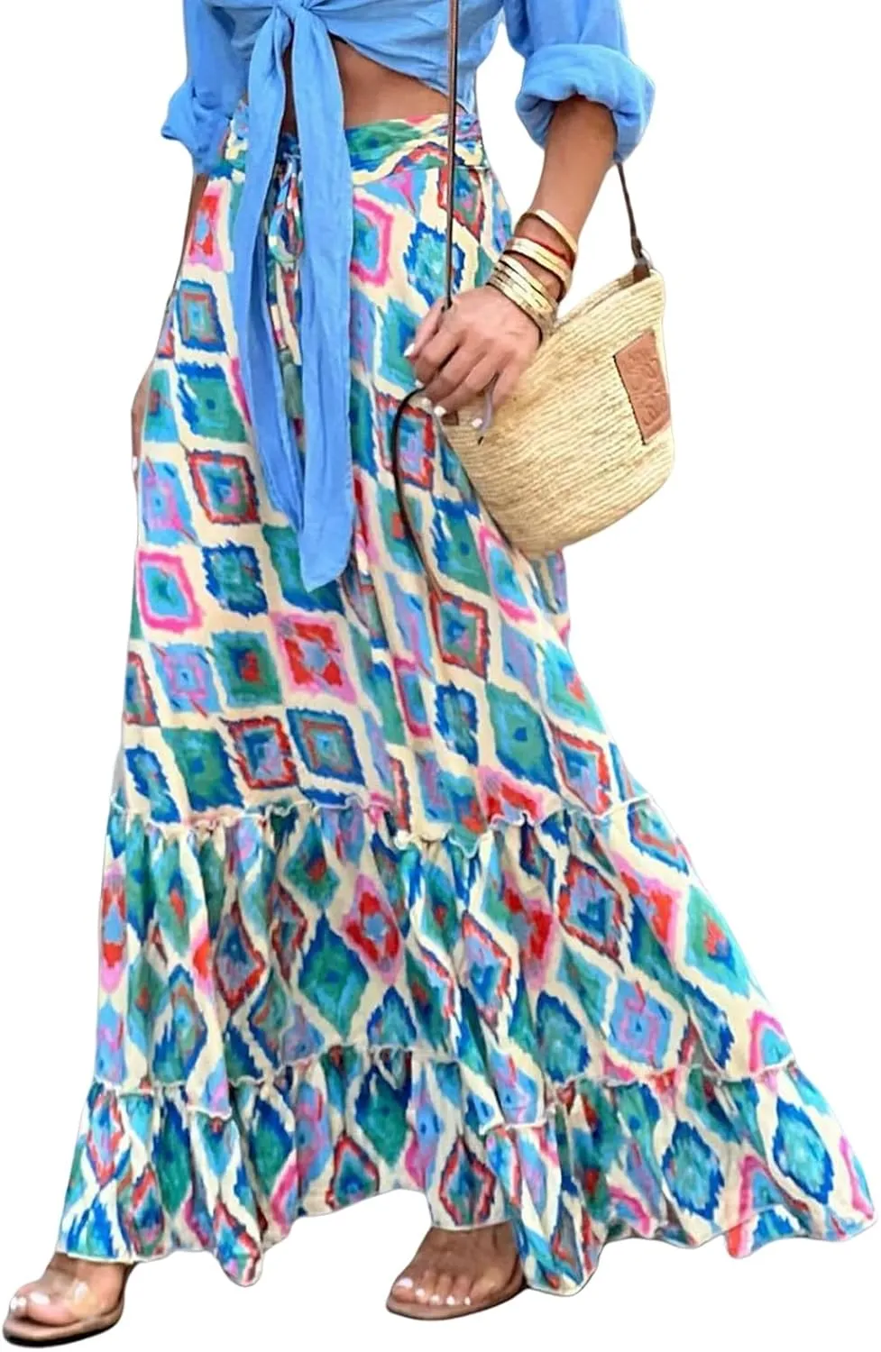 Boho Skirts for Women Fashion Floral Elastic High Waist Tiered Ruffle Hem Maxi Skirt Summer Flowy A Line Beach Skirt