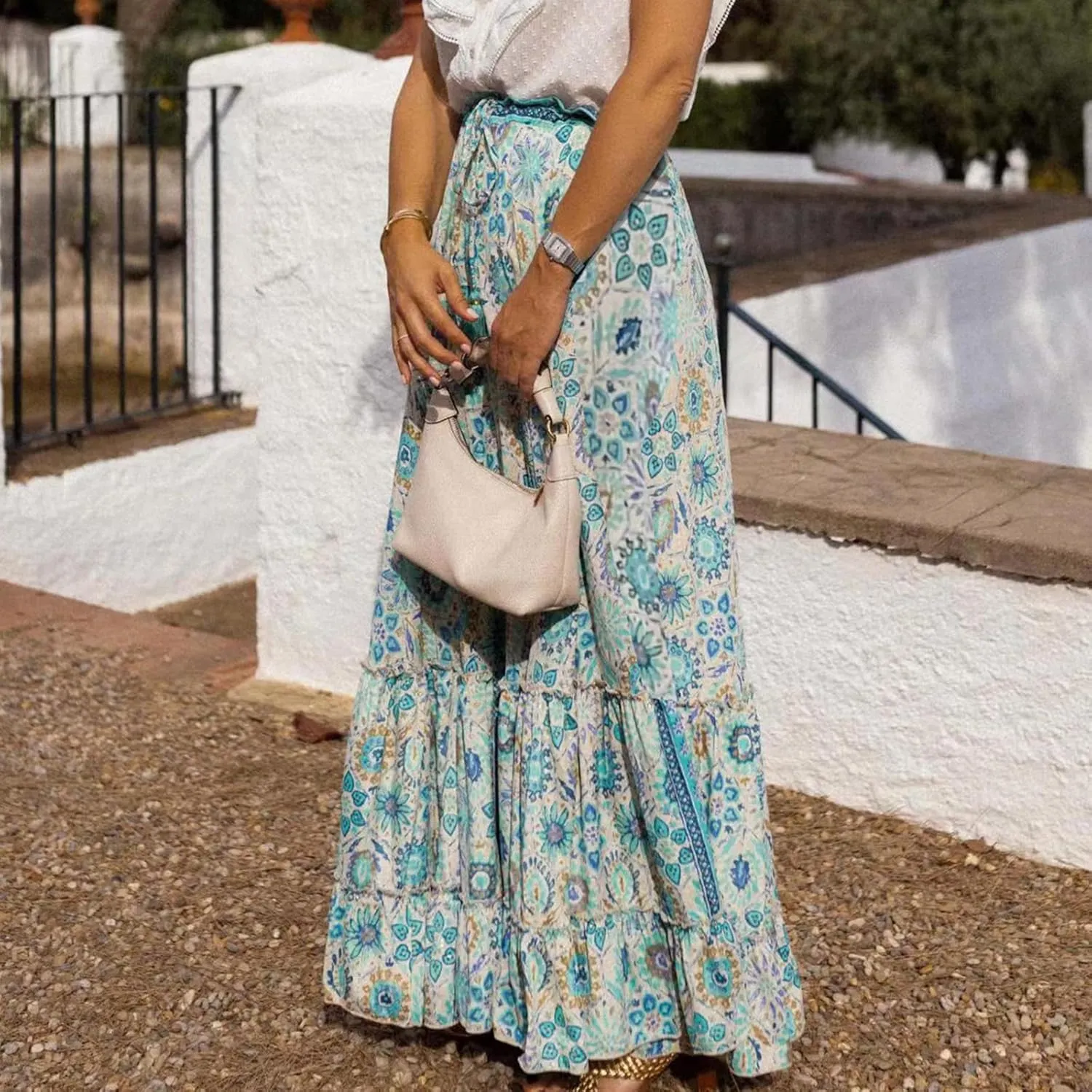 Boho Skirts for Women Fashion Floral Elastic High Waist Tiered Ruffle Hem Maxi Skirt Summer Flowy A Line Beach Skirt