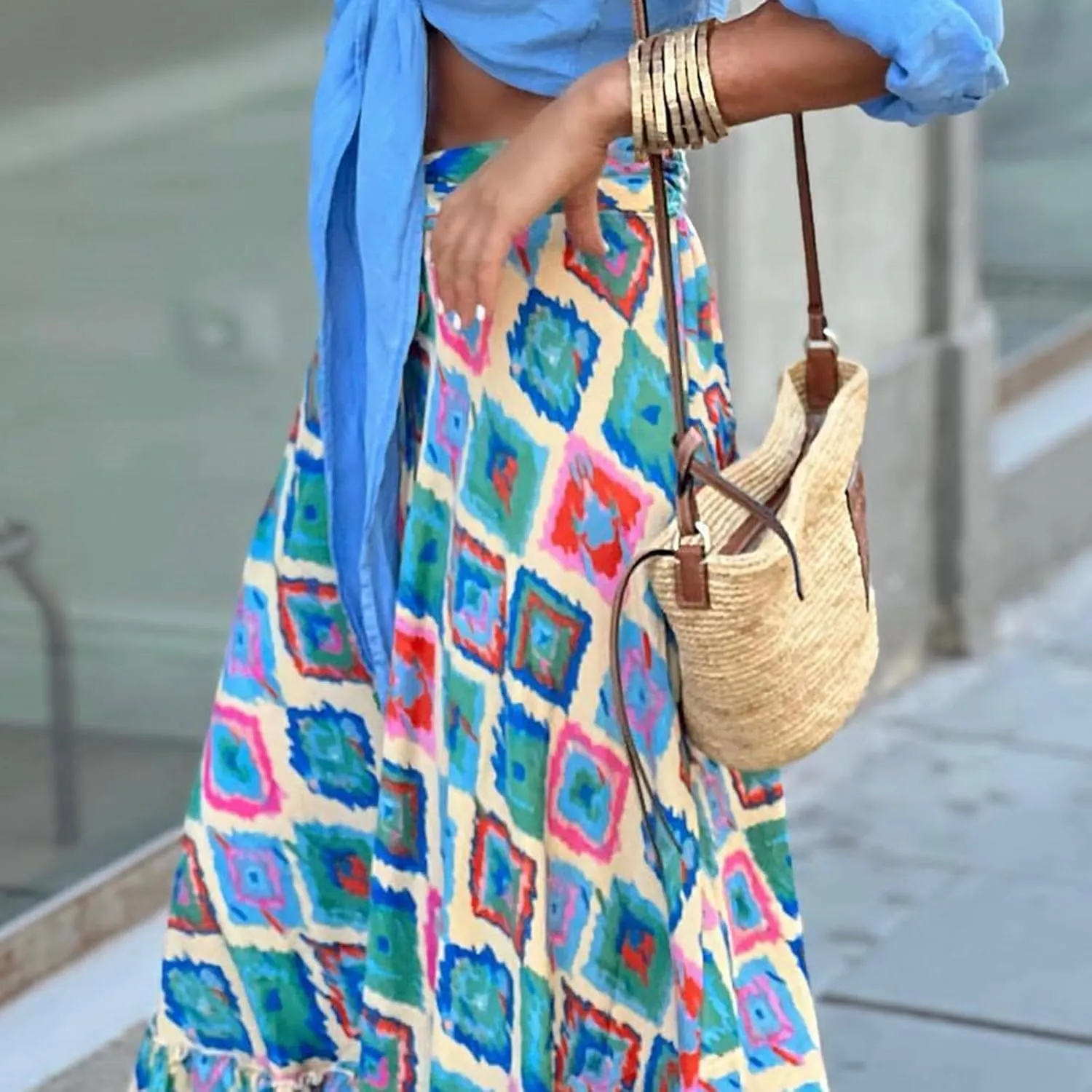 Boho Skirts for Women Fashion Floral Elastic High Waist Tiered Ruffle Hem Maxi Skirt Summer Flowy A Line Beach Skirt