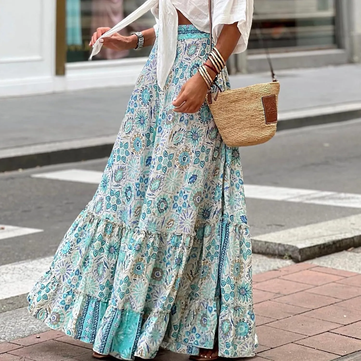 Boho Skirts for Women Fashion Floral Elastic High Waist Tiered Ruffle Hem Maxi Skirt Summer Flowy A Line Beach Skirt