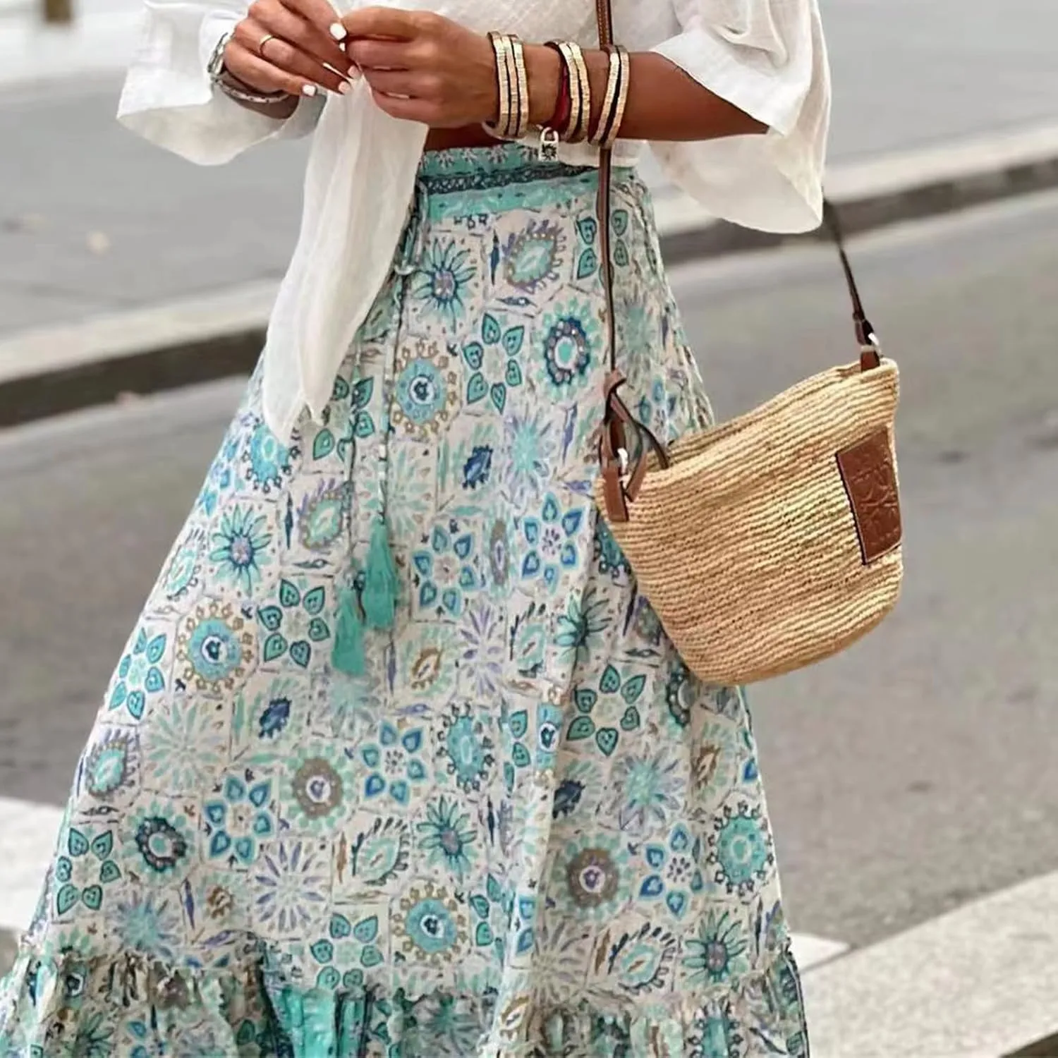 Boho Skirts for Women Fashion Floral Elastic High Waist Tiered Ruffle Hem Maxi Skirt Summer Flowy A Line Beach Skirt