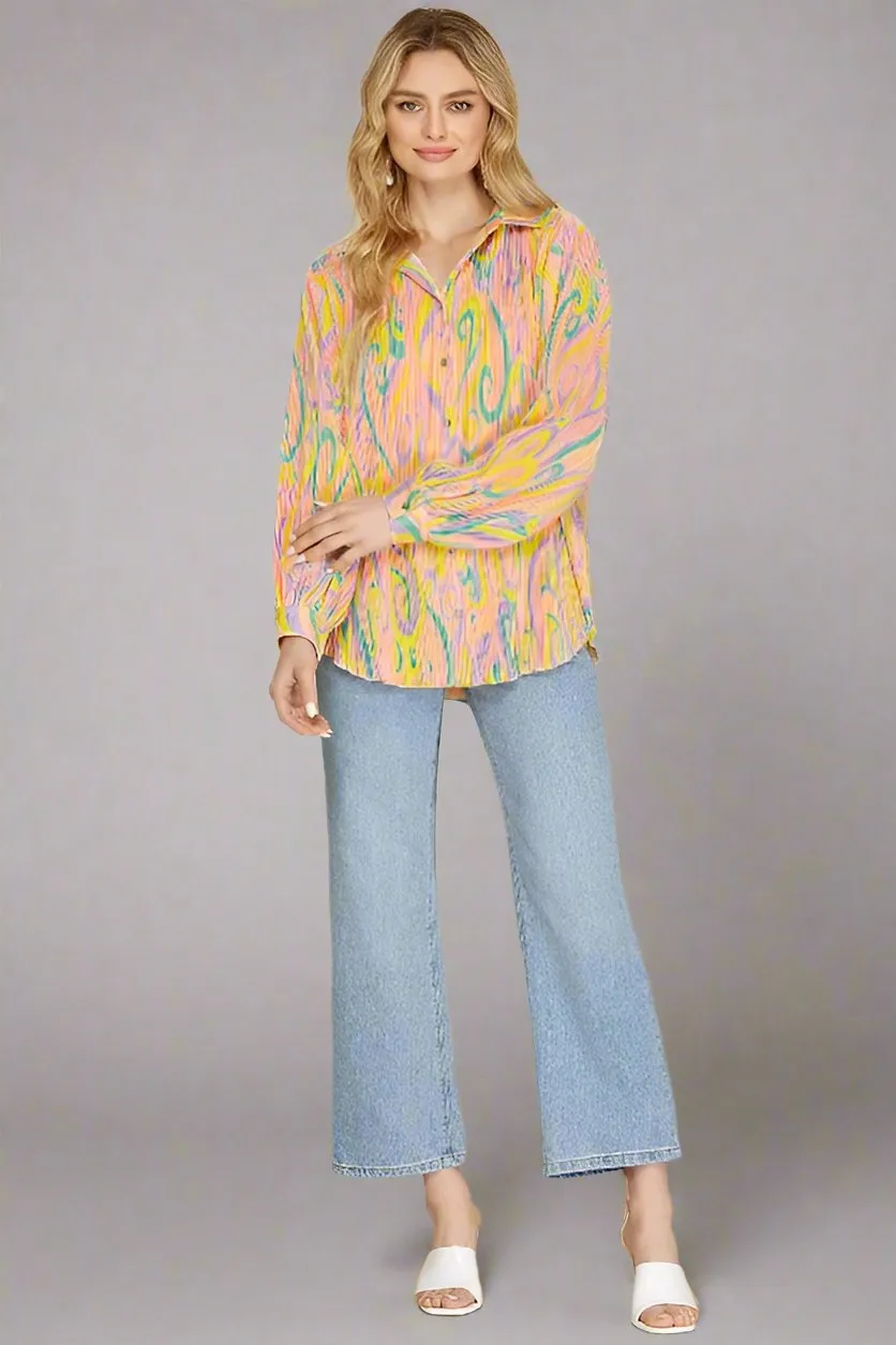 Candy Print Plisse Shirt Blouse - Banana/Pink