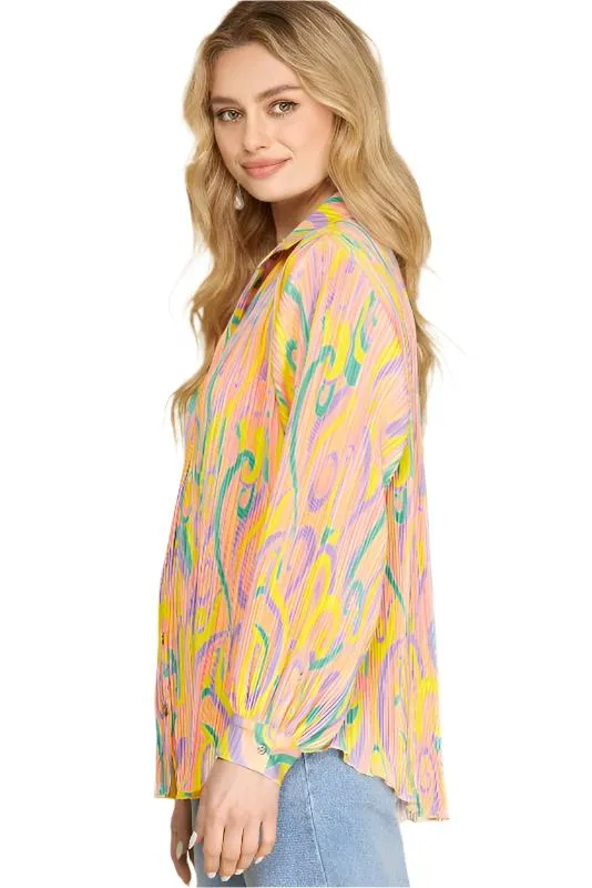 Candy Print Plisse Shirt Blouse - Banana/Pink
