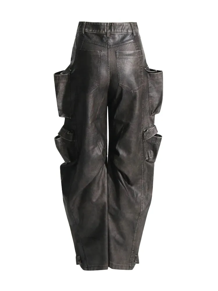 Casual Fashion Patchwork Pockets Leather Trousers For Women High Waist Spliced Button Loose Straight Cargo Pants Female