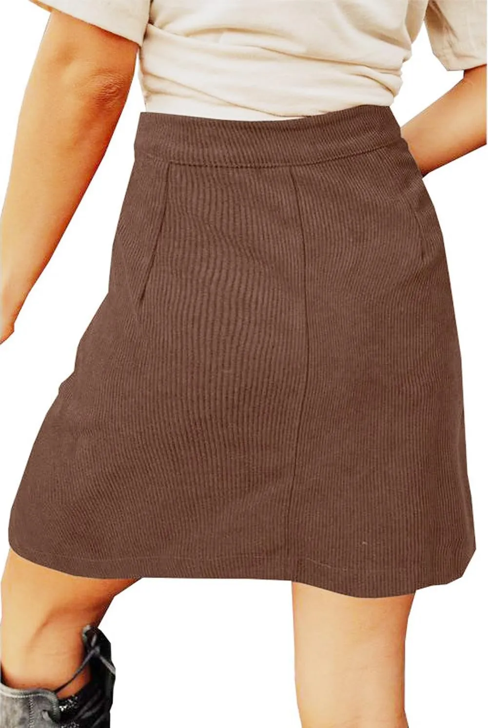 CHARTOU Women Corduroy Skirt Suede Pencil Skirt Office High Waist Button Bodycon Skirt Knee Length