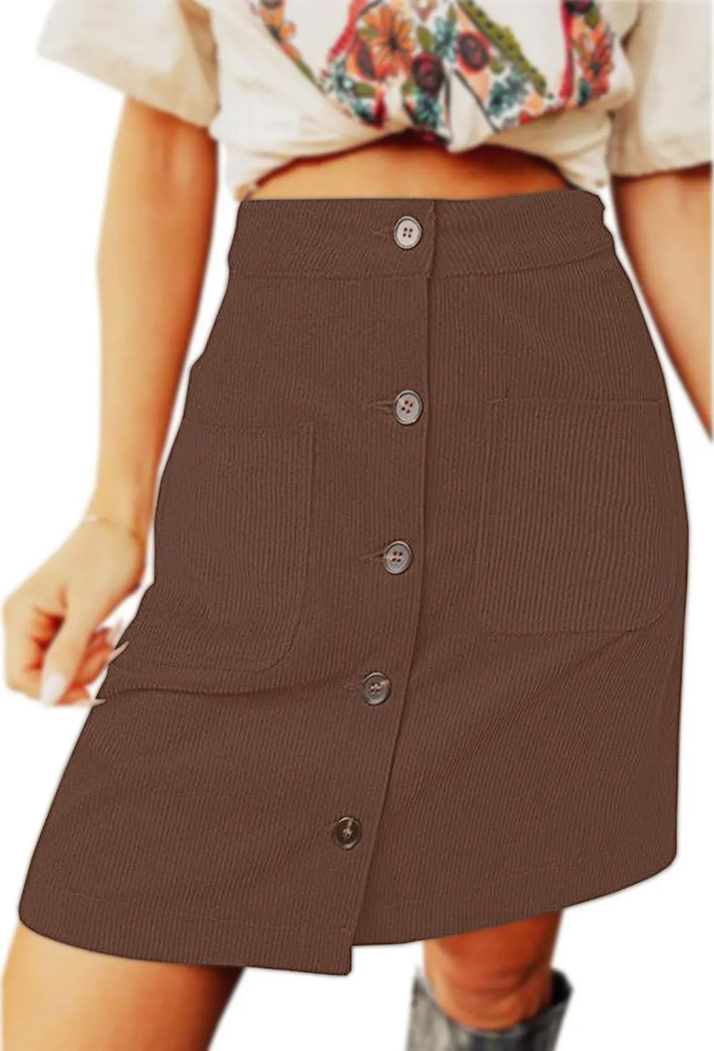 CHARTOU Women Corduroy Skirt Suede Pencil Skirt Office High Waist Button Bodycon Skirt Knee Length