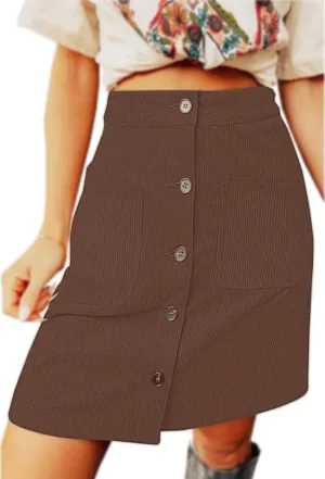 CHARTOU Women Corduroy Skirt Suede Pencil Skirt Office High Waist Button Bodycon Skirt Knee Length