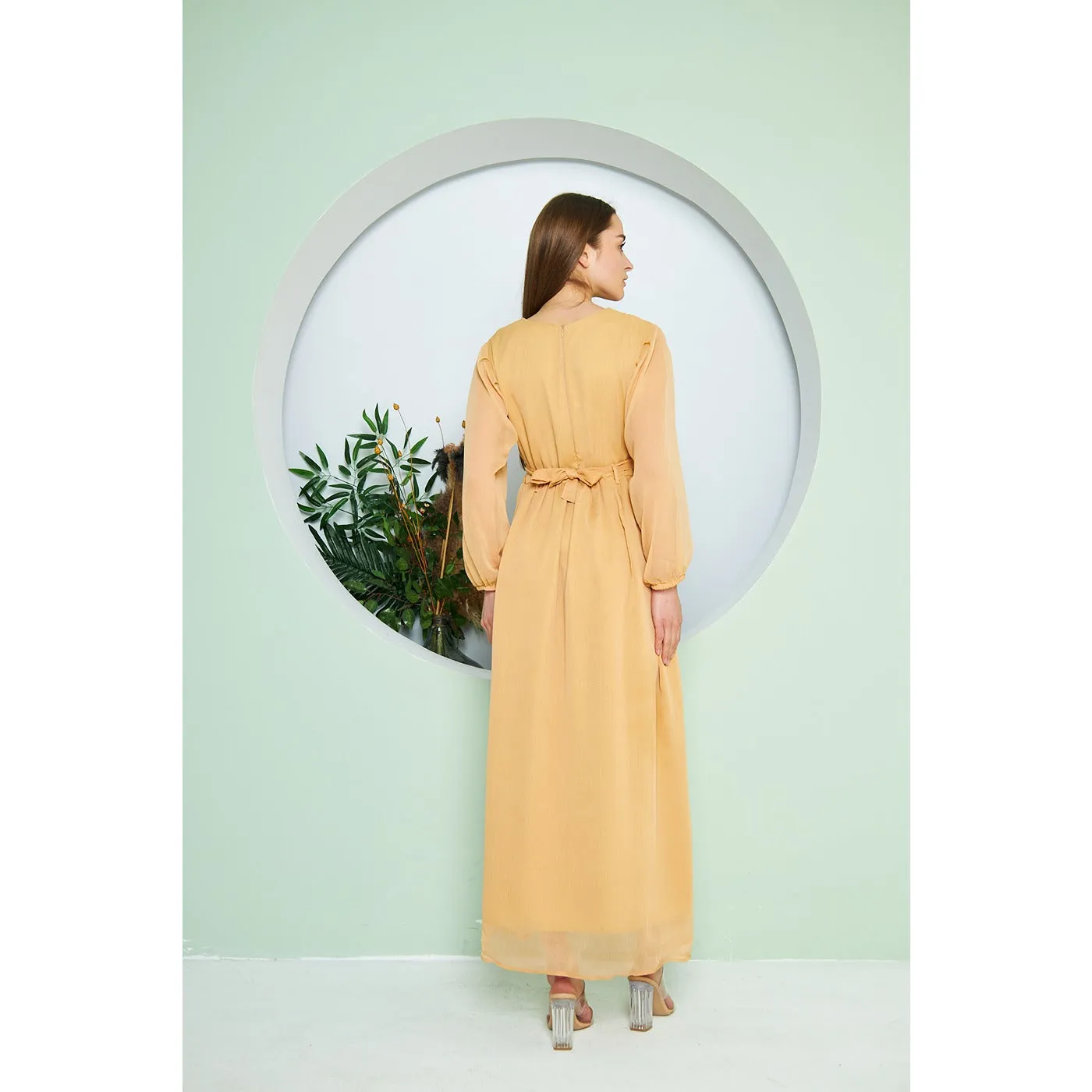 Chiffon Mustard V Neck Belted Dress