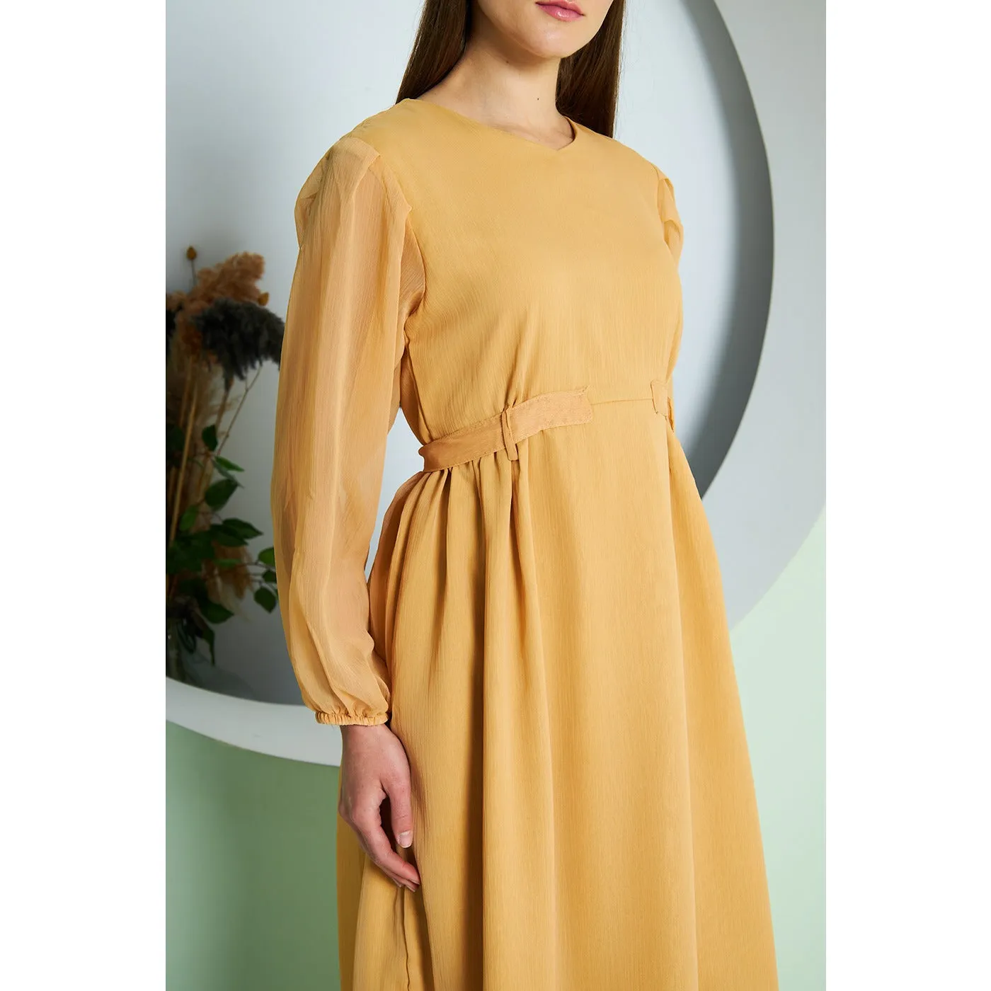 Chiffon Mustard V Neck Belted Dress