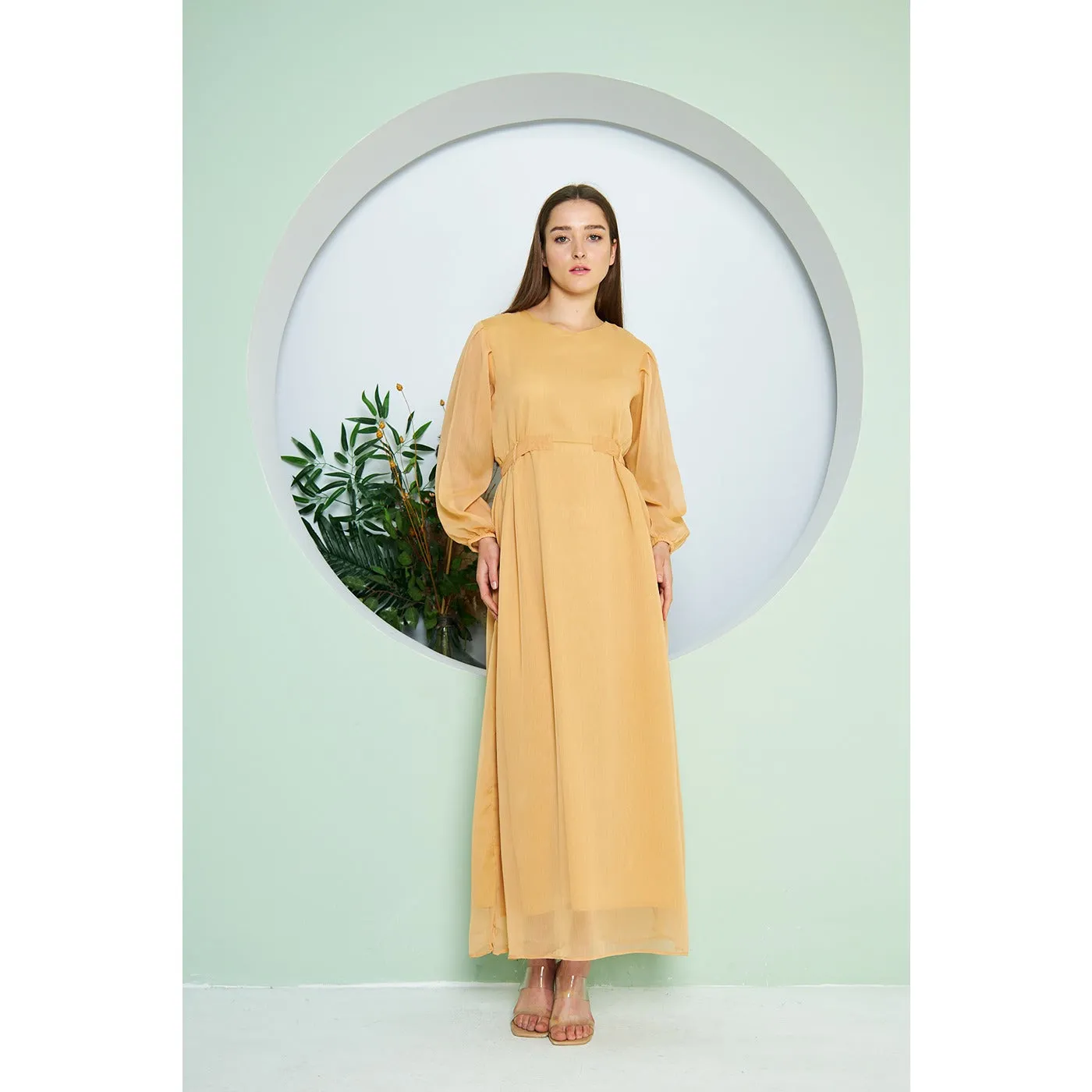 Chiffon Mustard V Neck Belted Dress