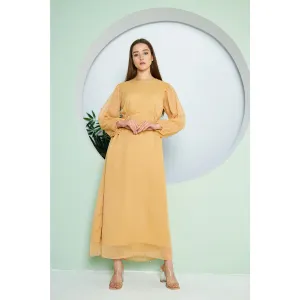 Chiffon Mustard V Neck Belted Dress