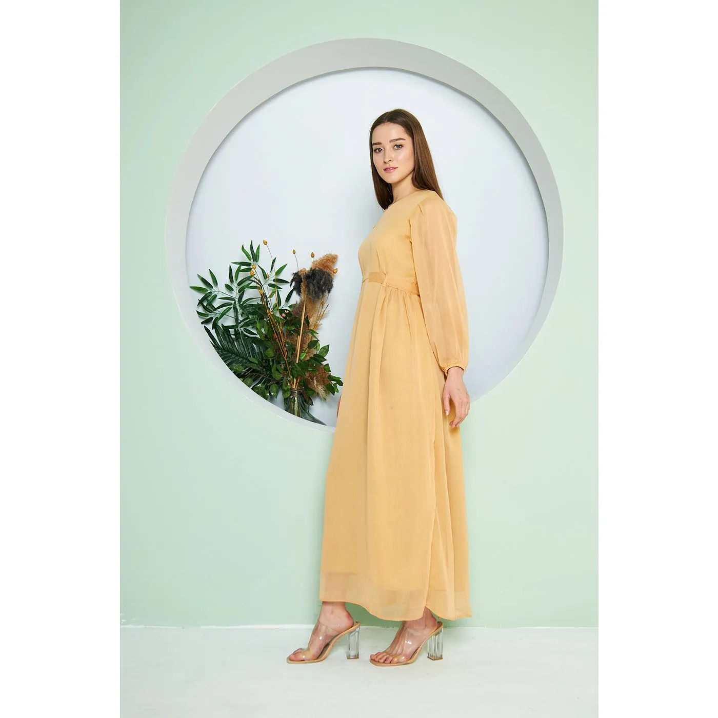 Chiffon Mustard V Neck Belted Dress
