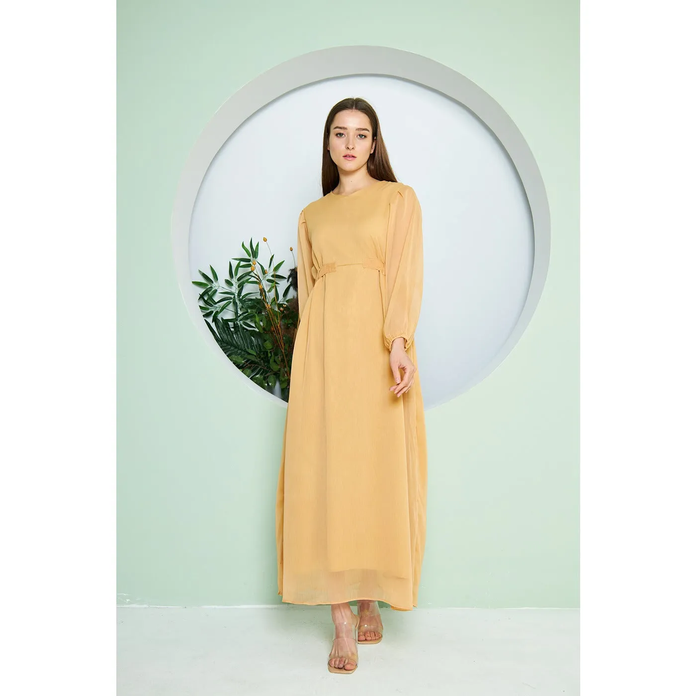 Chiffon Mustard V Neck Belted Dress