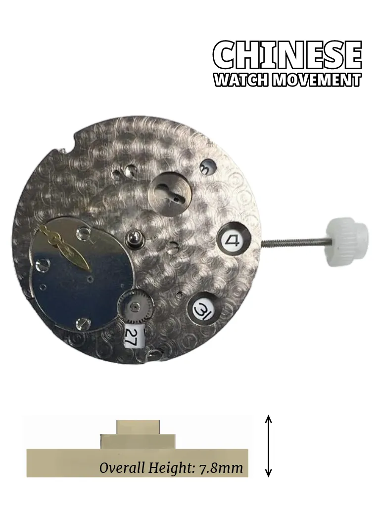 Chinese Automatic Watch Movement DG3809-3D 2Hand Date at 3:00 Overall Height 7.8mm