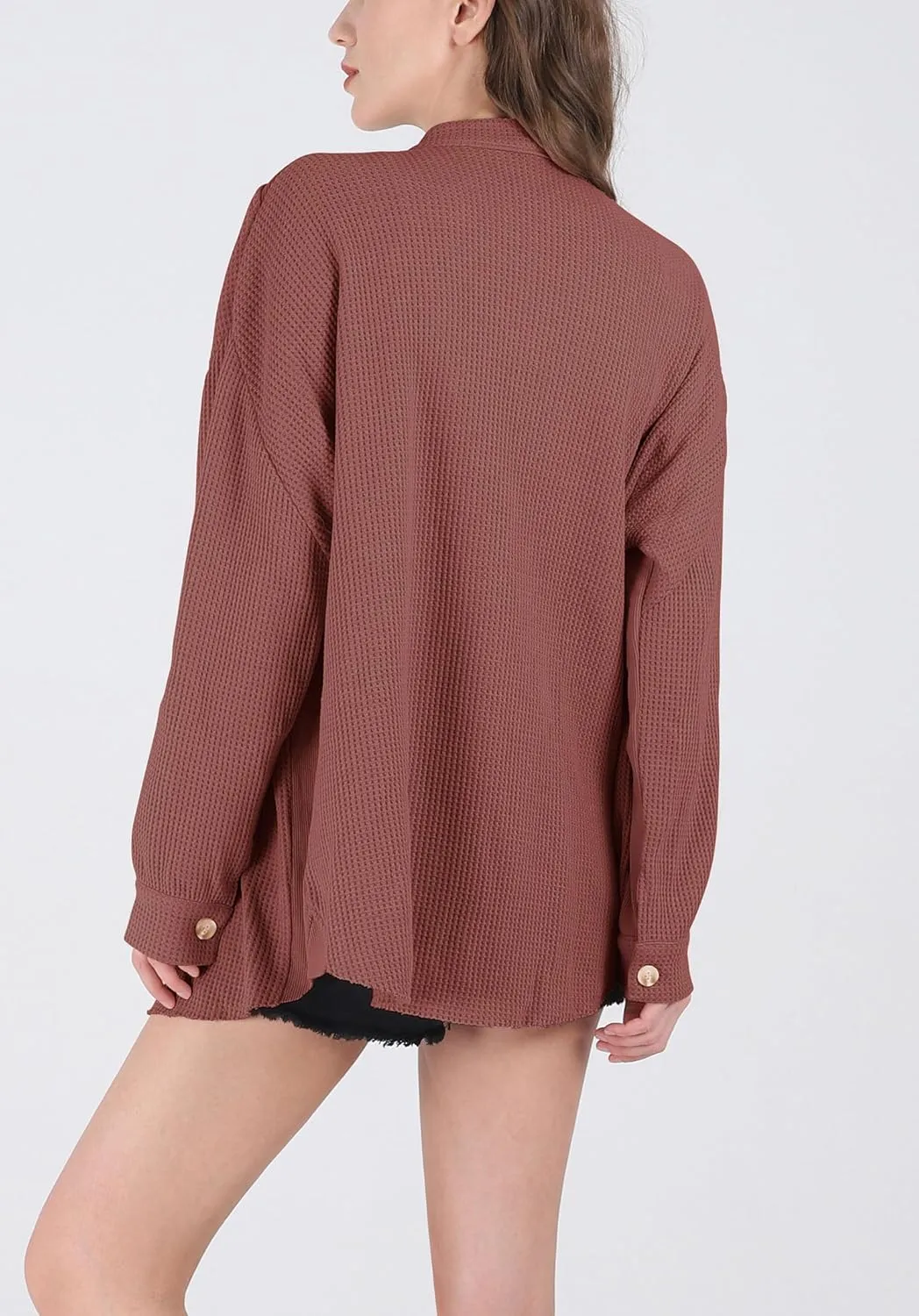 chouyatou Women's Loose Fit Batwing Sleeve Waffle Knit Button Down Shirt Shacket Tops