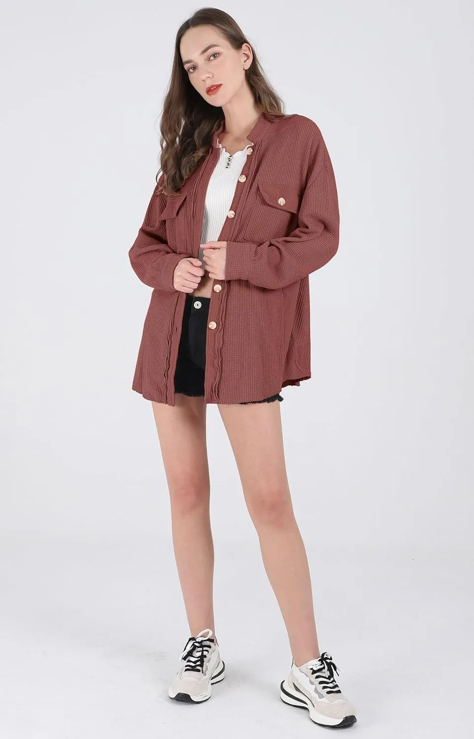 chouyatou Women's Loose Fit Batwing Sleeve Waffle Knit Button Down Shirt Shacket Tops