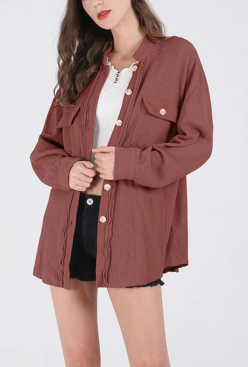 chouyatou Women's Loose Fit Batwing Sleeve Waffle Knit Button Down Shirt Shacket Tops