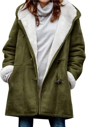 chouyatou Women's Winter Warm Sherpa Lined Suede Leather Longline Coat with Horn Buttons