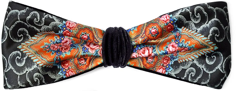 Clouds and Roses. Printed satin & silk-velvet headband - BLACK version