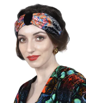Clouds and Roses. Printed satin & silk-velvet headband - BLACK version