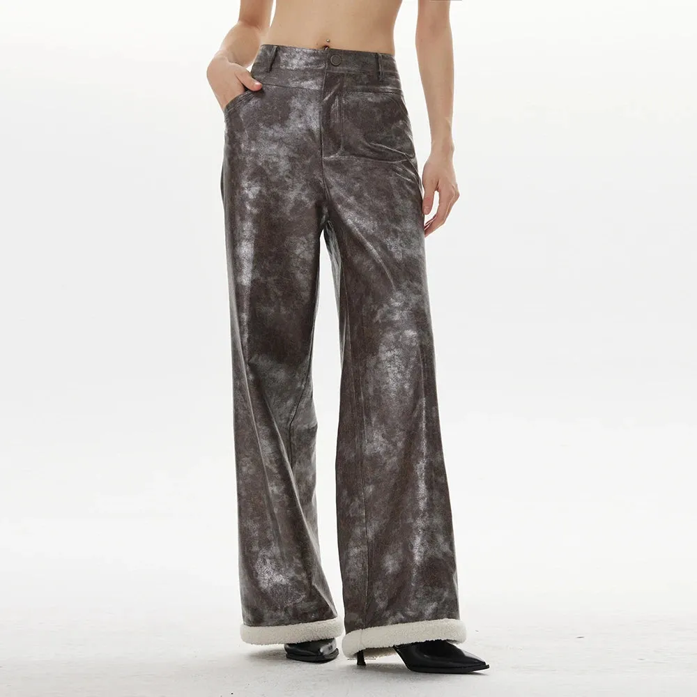 Colorblock Casual Loose Leather Pants For Women High Waist Spliced Button Wide Leg Pant Female Fashion Clothes
