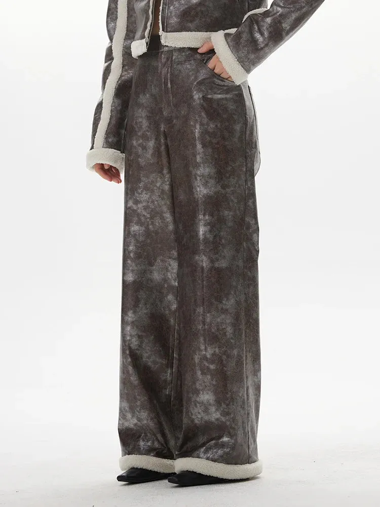 Colorblock Casual Loose Leather Pants For Women High Waist Spliced Button Wide Leg Pant Female Fashion Clothes