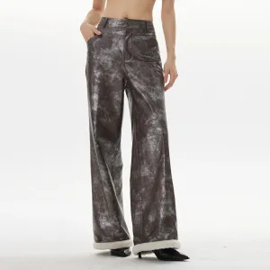 Colorblock Casual Loose Leather Pants For Women High Waist Spliced Button Wide Leg Pant Female Fashion Clothes